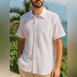 Men’s White Linen Blend Button-Up Shirt Beige Linen Pants Classic 2 Pc Set Large